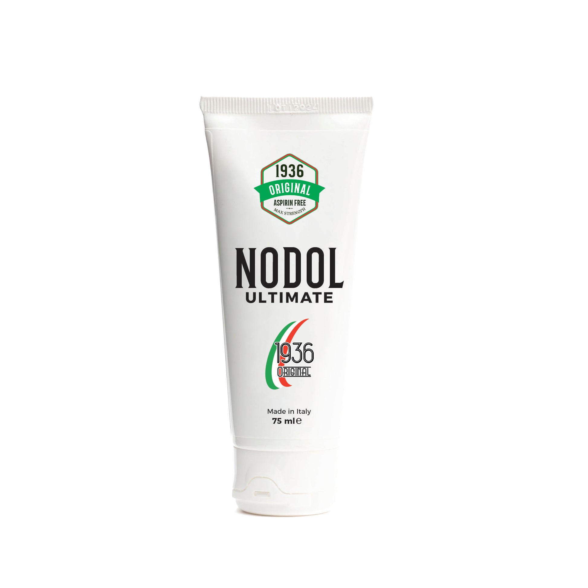 A 75 ml white tube of Nodol Aspirin-Free Pain Cream, labeled with the brand 1936 Original and Paraben Free, features a green and red logo on the front. Made in Italy, this product utilizes natural ingredients designed for joint pain relief.