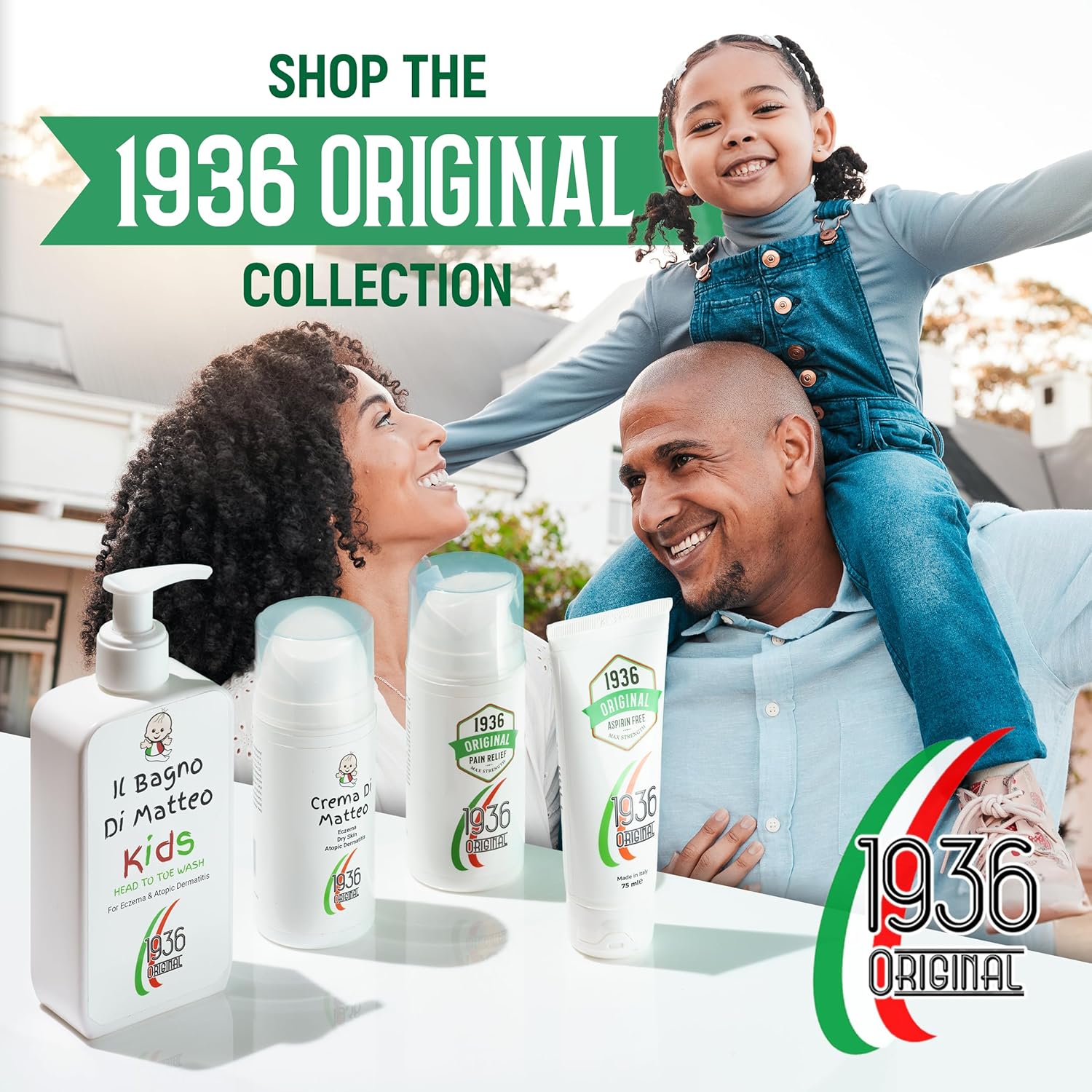 Amidst the laughter and joy of a family enjoying time outdoors, a child sits smiling on a man's shoulders while a woman looks on warmly. In the foreground, skincare products from 1936 Original catch the light, featuring Kids Body Wash and Itch Relief alongside Il Bagno Body Wash for Eczema, Atopic Dermatitis, Psoriasis & Dry Skin in elegant bottles and pump dispensers.