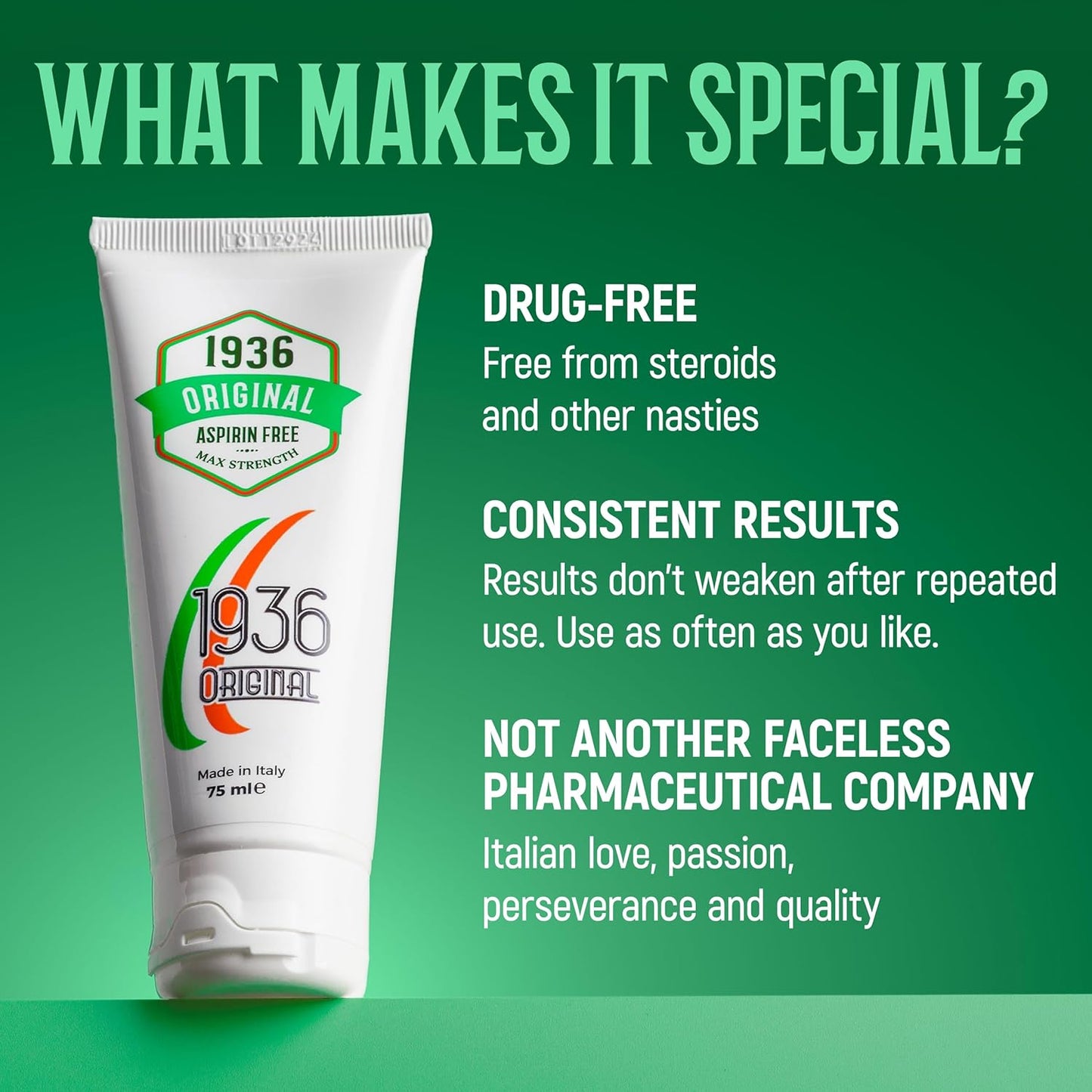 The image depicts a tube of Nodol Aspirin-Free Pain Cream by 1936 Original against a green backdrop. The accompanying text highlights its drug-free, aspirin-free formula with natural ingredients, promising consistent relief from joint and muscle pain. Crafted by a dedicated Italian company, the product emphasizes quality and innovation.
