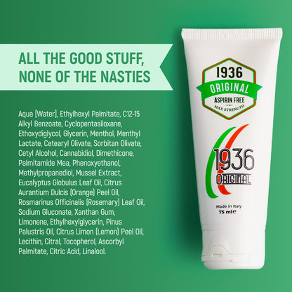 A tube of Nodol Aspirin-Free Pain Cream by 1936 Original is displayed against a green background. Text reads ALL THE GOOD STUFF, NONE OF THE NASTIES with natural ingredients listed beside the tube. The product offers maximum strength muscle pain relief, is aspirin-free, and made in Italy.