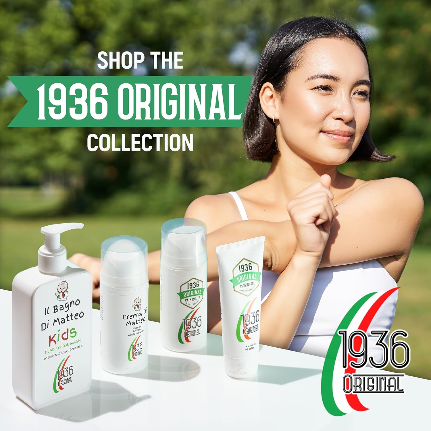 A woman with a peaceful expression poses outdoors next to a lineup of 1936 Original skincare products. With natural ingredients, the collection includes bottles and tubes adorned with green, red, and white accents. Text reads: Explore the Nodol Aspirin-Free Pain Cream by 1936 Original.