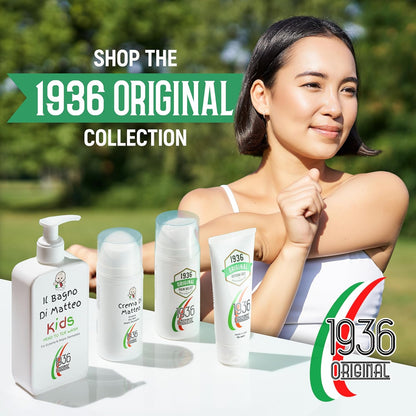 A woman with a peaceful expression poses outdoors next to a lineup of 1936 Original skincare products. With natural ingredients, the collection includes bottles and tubes adorned with green, red, and white accents. Text reads: Explore the Nodol Aspirin-Free Pain Cream by 1936 Original.