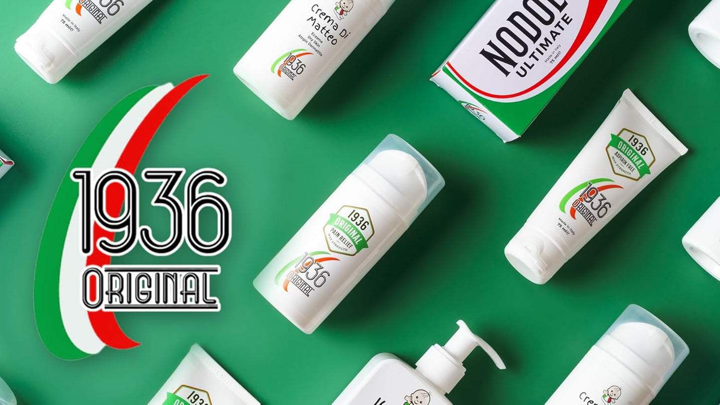 An assortment of Italian skincare products featuring natural ingredients is showcased against a green background. The products have white packaging, adorned with the label "1936 Original," and bear a logo in red, white, and green colors. Among them is the Nodol Aspirin-Free Pain Cream designed for relieving back pain, joint pain, knee pain, neck discomfort, and muscle aches in a 75ml size.